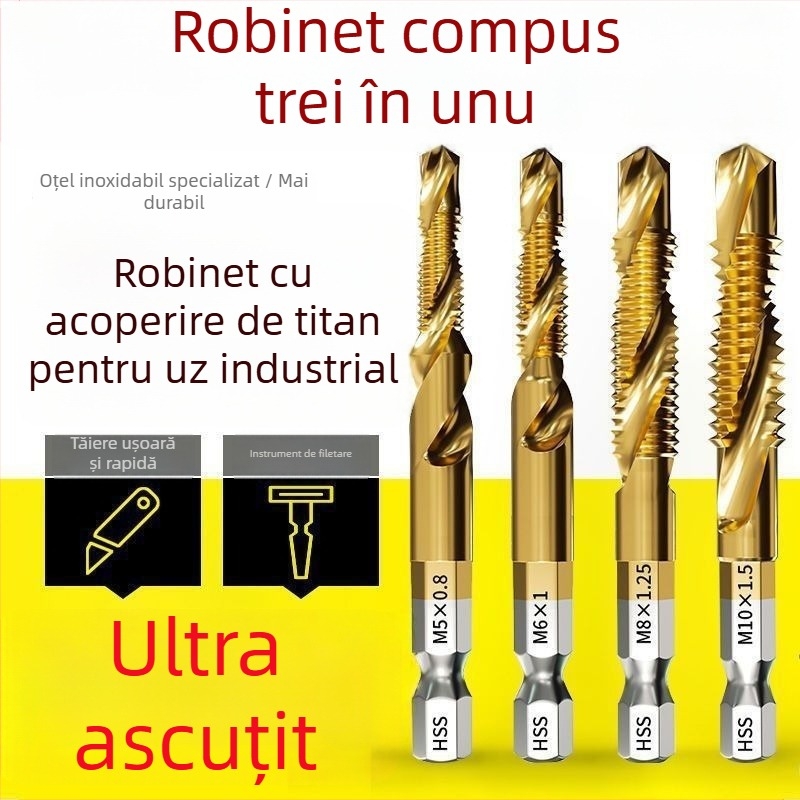 Set trei în unu de filetare din oțel rapid, cu ax hexagonal, pentru găurire și filetare