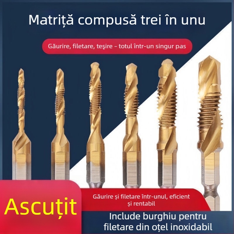 Set trei în unu de filetare din oțel rapid, cu ax hexagonal, pentru găurire și filetare