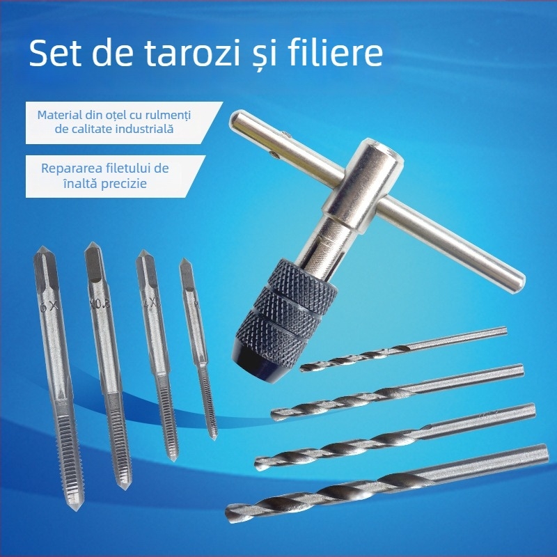Set de filetare cu metrice: metrice pentru filetare, mâner și scule metalice