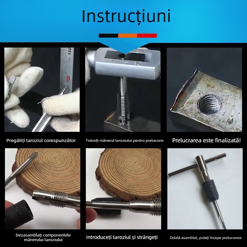 Set de filetare cu metrice: metrice pentru filetare, mâner și scule metalice