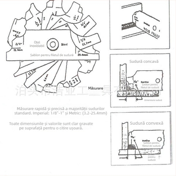 MG-11 Galga de sudură tip cam, oțel inoxidabil 304, metric și inch, unghi convex/concav