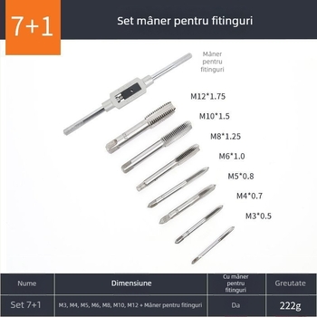 Set de 8 piese pentru filetare: taps și dies pentru prelucrare metalică