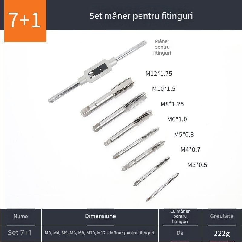 Set de 8 piese pentru filetare: taps și dies pentru prelucrare metalică