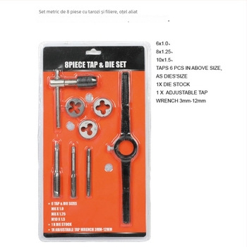 Set de 8 piese pentru filetare cu cheie de filet, unealtă manuală de filetare și set de burghie