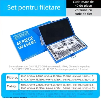Set de 40 piese pentru filete în cutie metalică, M3–M12, oțel aliat, filet fin