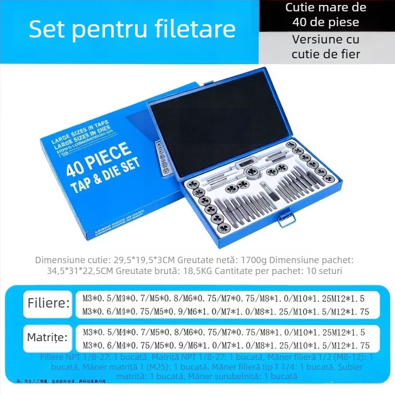 Set de 40 piese pentru filete în cutie metalică, M3–M12, oțel aliat, filet fin