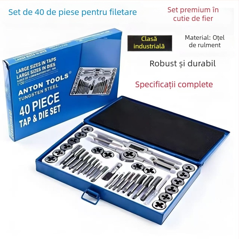 Set de 40 piese pentru filete în cutie metalică, M3–M12, oțel aliat, filet fin