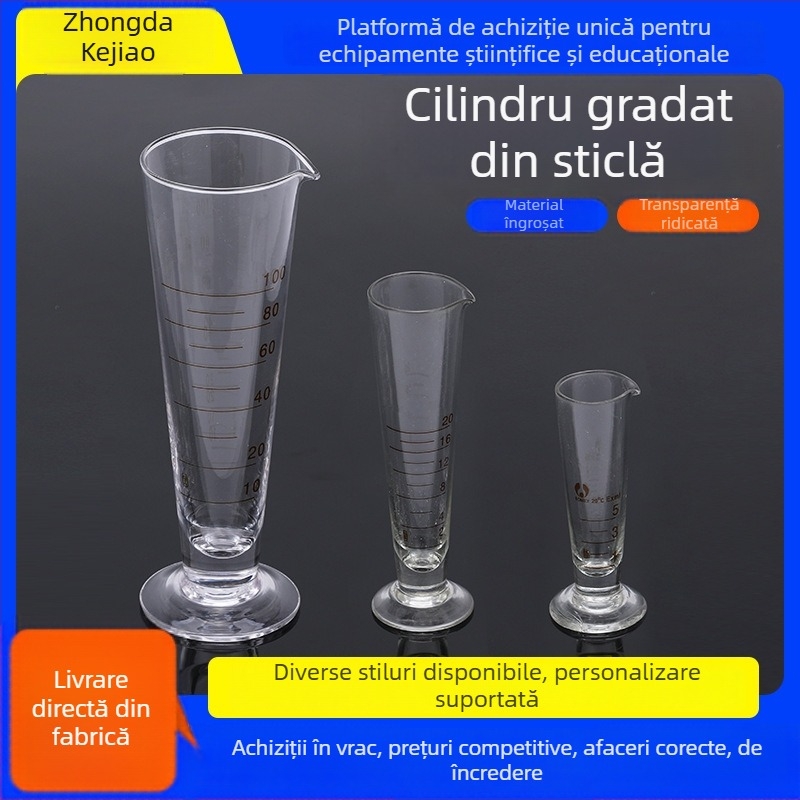 cilindru de măsurare din sticlă cu scară, mic, formă conică triunghiulară