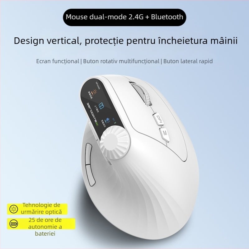 Mouse Bluetooth fără fir, ergonomic vertical, multifuncțional pentru mâini medii și mari, cu încărcare, mod dual 2,4 GHz pentru birou