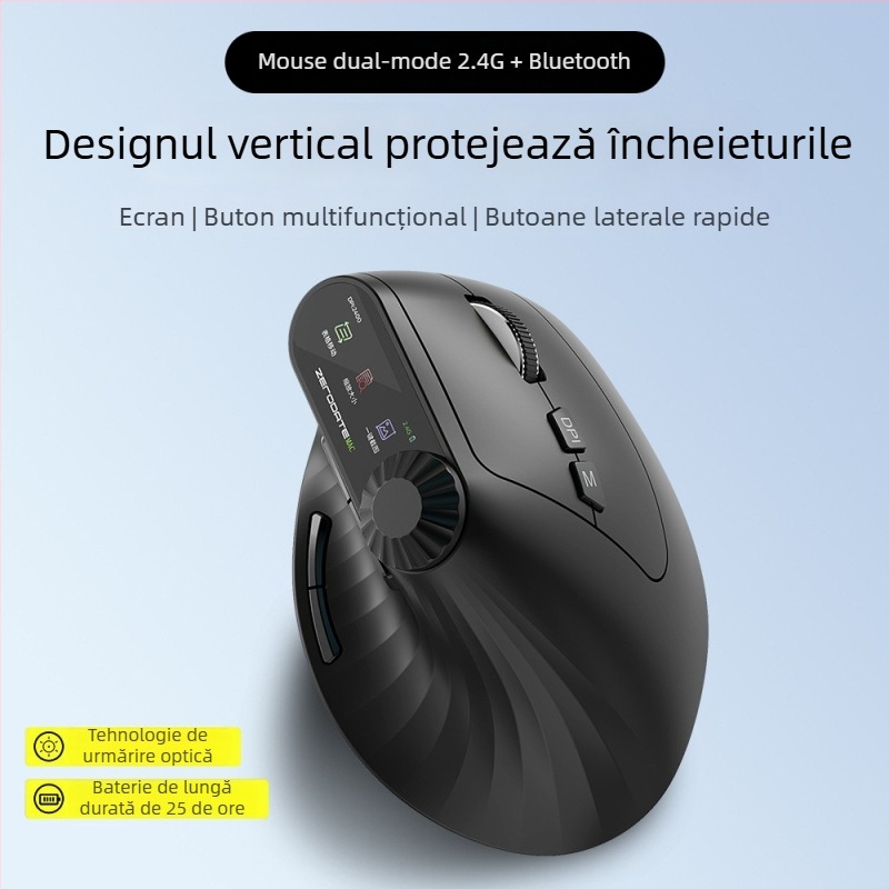 Mouse Bluetooth fără fir, ergonomic vertical, multifuncțional pentru mâini medii și mari, cu încărcare, mod dual 2,4 GHz pentru birou
