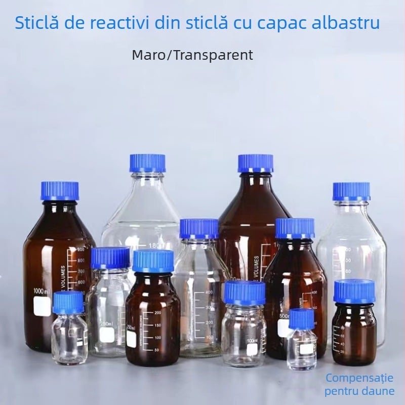 Recipient de reagente din sticlă transparentă, cu capac albastru, pentru laboratorul chimic
