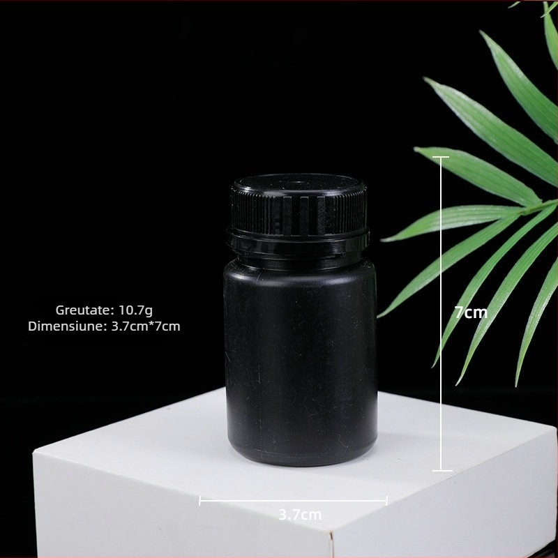 Recipient plastic rotund negru de 60 g, cu capac antifurt pentru dozarea reagentilor chimici, recipient plastic pentru pulberi