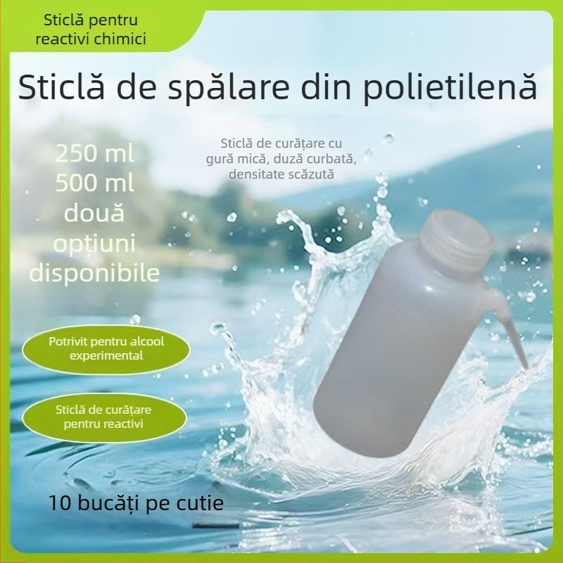 Sticlă de spălat pentru laborator din plastic, gură mică, duză curbată, pentru alcool și reactivi chimici