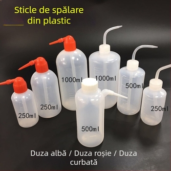 Recipient din plastic pentru spălat cu capac alb sau capac roșu, disponibile în 250 ml, 500 ml și 1000 ml; sticlă din plastic cu gură albă sau gură roșie.