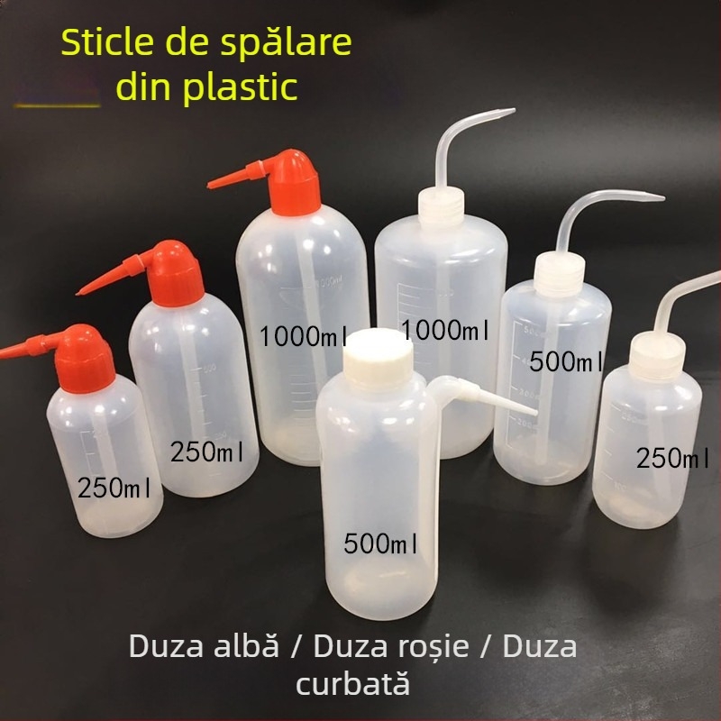 Recipient din plastic pentru spălat cu capac alb sau capac roșu, disponibile în 250 ml, 500 ml și 1000 ml; sticlă din plastic cu gură albă sau gură roșie.