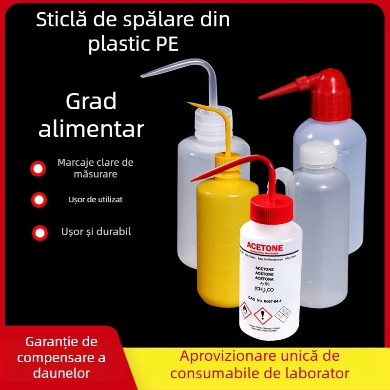 Sticlă de spălat de laborator din plastic, colorată, tip squeezable, cu capac roșu, 250 ml / 500 ml
