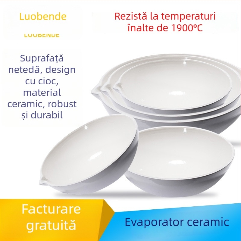Crucibil ceramic pentru laborator, pereți groși, rezistent la temperaturi înalte, la acizi și baze, cu capac, alb, formă curbată, specificații complete