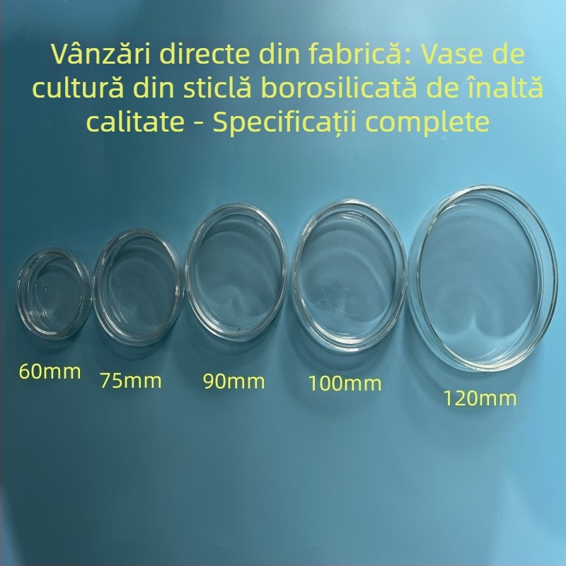 Placă de cultură din sticlă borosilicat cu capac, plată, rezistentă la temperaturi înalte, sterilă, pentru culturi celulare, diametru 90 mm