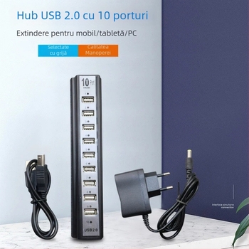 Hub USB cu 10 porți, alimentare externă, USB 2.0