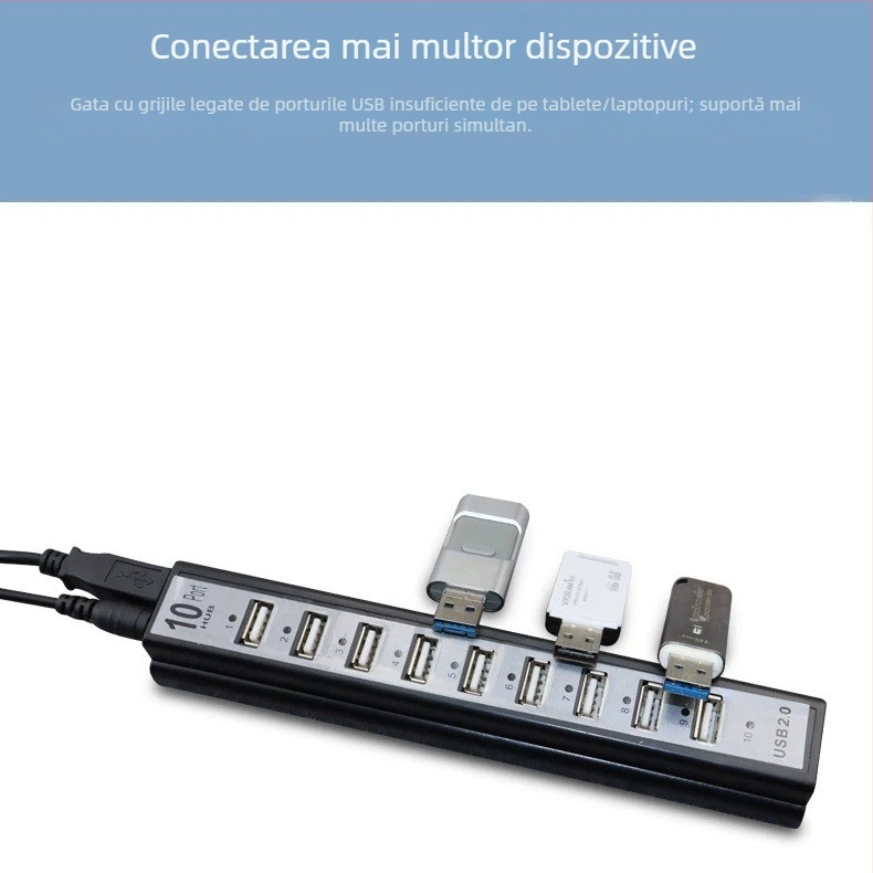 Hub USB cu 10 porți, alimentare externă, USB 2.0