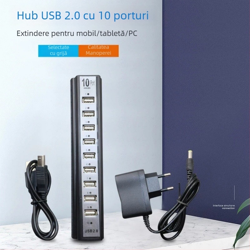 Hub USB cu 10 porți, alimentare externă, USB 2.0