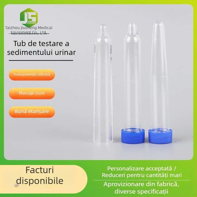 Tubă de sediment urinară de 12 ml, cu capac filet, din plastic, fund conic, graduată pentru colectarea urinei