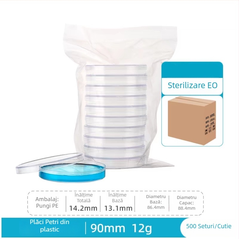 Plăcuță Petri din plastic, unică folosință, diametru 60 mm, sterilizată cu epoxy, disc circular, 500 seturi pe cutie
