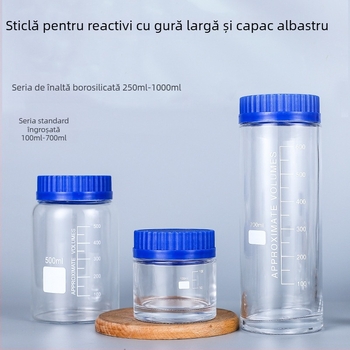 Sticlă de laborator din borosilicată înalt, gură largă, capac albastru, pentru reacții și prelevare