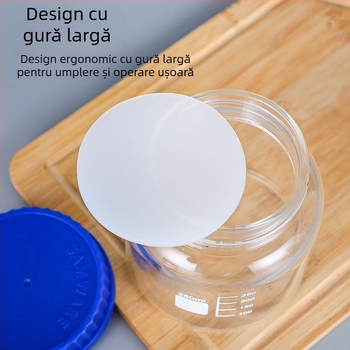 Sticlă de laborator din borosilicată înalt, gură largă, capac albastru, pentru reacții și prelevare