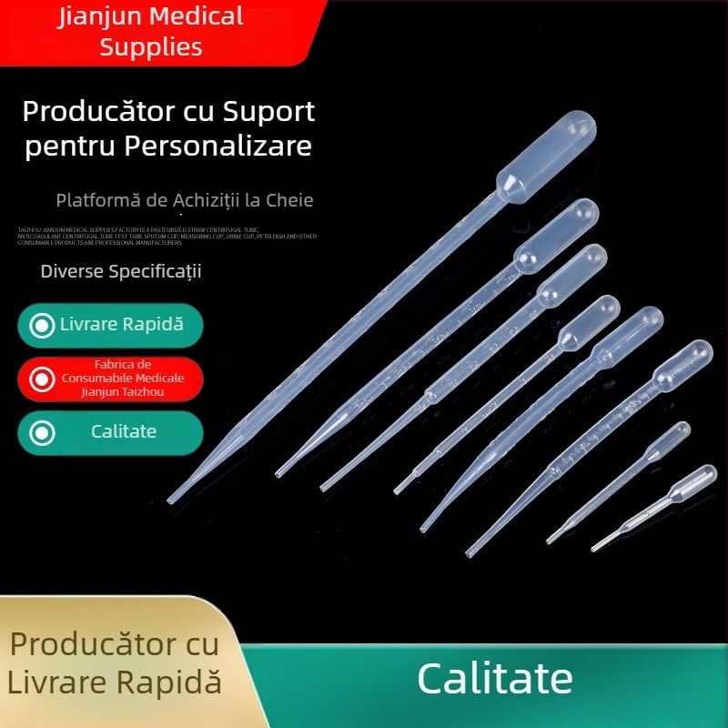 Pipetă Pasteur din plastic, cu gradații, de unică folosință, 1 ml, 2 ml, 3 ml, 5 ml – 100 buc. per pachet