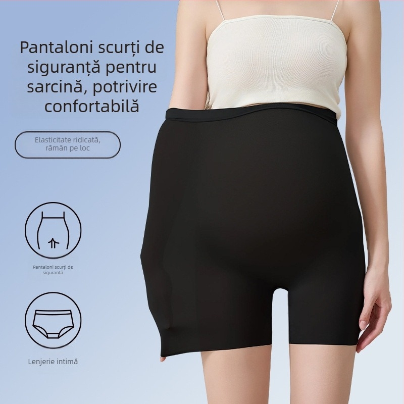 Shorts de siguranță pentru maternitate cu panou invizibil, material ice silk, lungime 3/4, croială strânsă, amestec nylon-spandex