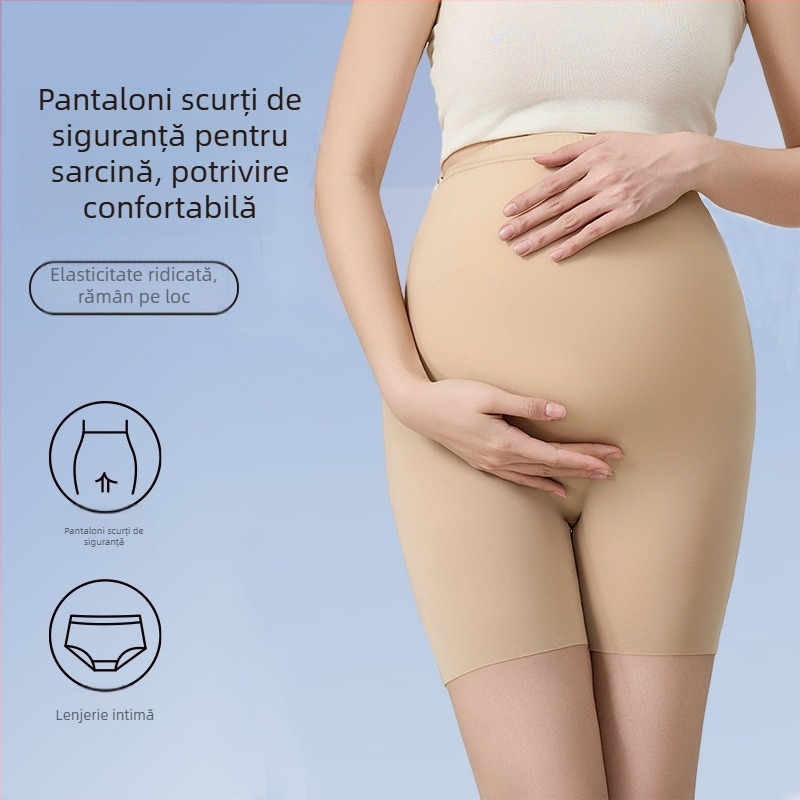 Shorts de siguranță pentru maternitate cu panou invizibil, material ice silk, lungime 3/4, croială strânsă, amestec nylon-spandex