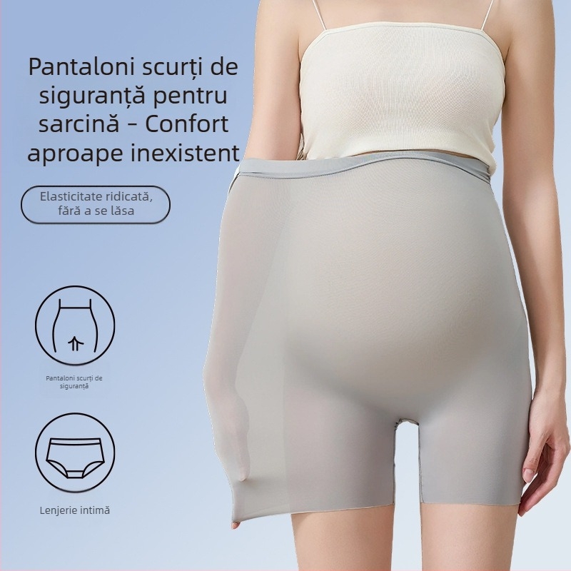 Shorts de siguranță pentru maternitate cu panou invizibil, material ice silk, lungime 3/4, croială strânsă, amestec nylon-spandex
