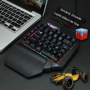 F6 tastatură de gaming cu o singură mână pentru Peacekeeper Elite (PUBG Mobile), iluminată, cu zonă de taste individuale