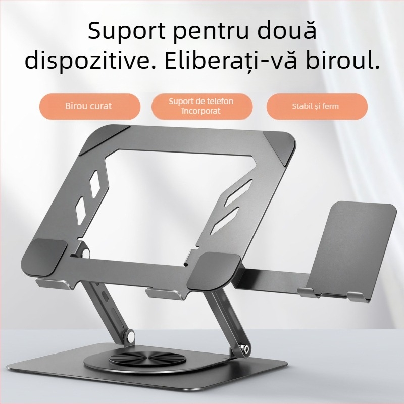 Suport pentru laptop din oțel aliaj, rotație la 360°, înălțime reglabilă și pliere, răcire birou