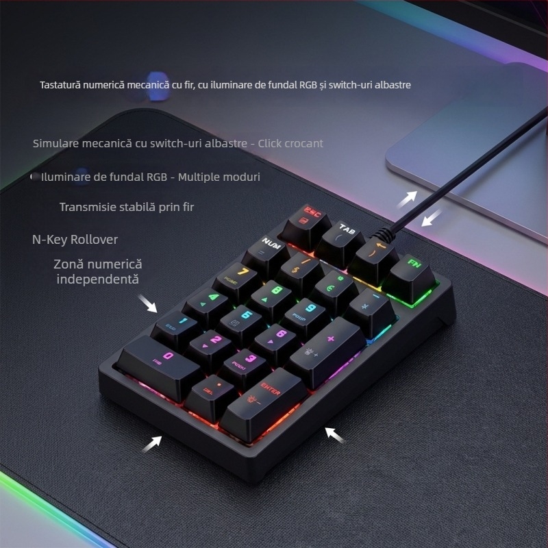 K21 tastatură numerică cu 21 de taste, conectare prin cablu, iluminare RGB și switchuri albastre