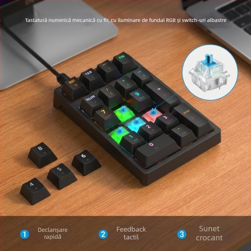 K21 tastatură numerică cu 21 de taste, conectare prin cablu, iluminare RGB și switchuri albastre