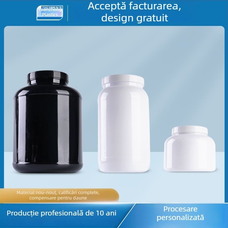Recipient plastic personalizat de 5L pentru pudră proteică din zer, gură largă