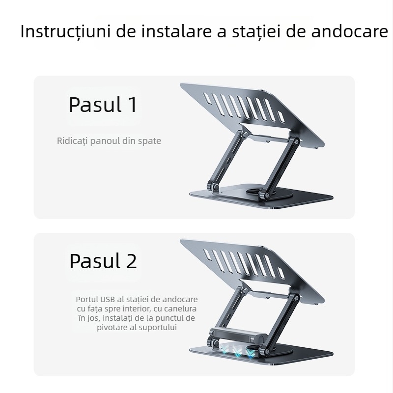 Suport pentru laptop cu rotație la 360°, stație docking, pliabil, înălțime reglabilă, răcire suspendată