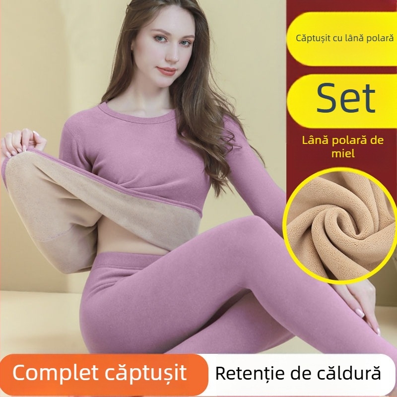 Set de lenjerie termică pentru femei, cu căptușeală Sherpa din fleece, autoîncălzire, ultra gros pentru iarnă, guler rotund