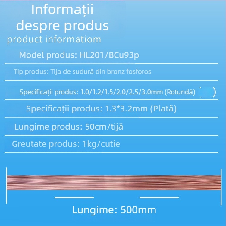 L201 sârmă de sudură fosfor-bronz, sârmă rotundă și plată, nucleu solid, conținut scăzut de argint, pentru conducte din cupru la frigidere și aparate de aer condiționat, finisaj lucios, BCu93P