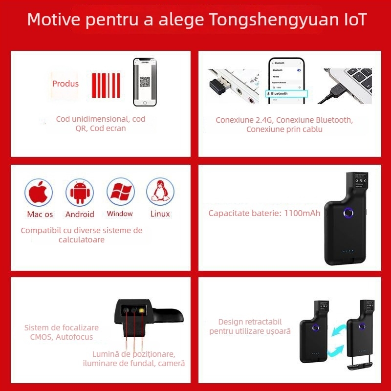 Scanner portabil de coduri de bare cu clips pe spatele telefonului, Bluetooth, pentru logistică și colectare de date