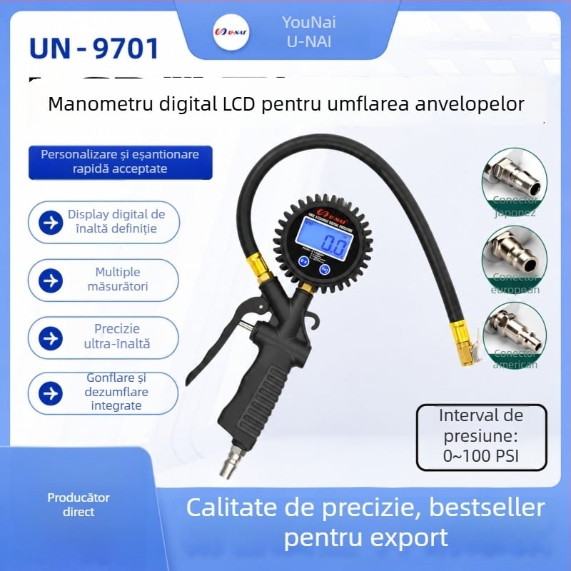Manometru digital pentru presiunea în pneuri, cu cap de umflare, monitor de presiune auto