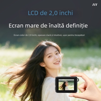 Cameră digitală CCD mini retro cu autofocus și bliț rabatabil, pentru fotografiere în exterior și înregistrare video.