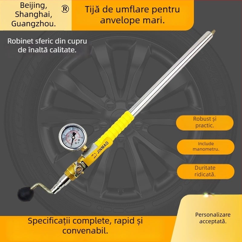 Tijă manuală de umflat anvelope cu robinet de dezumflare și manometru pentru autovehicule