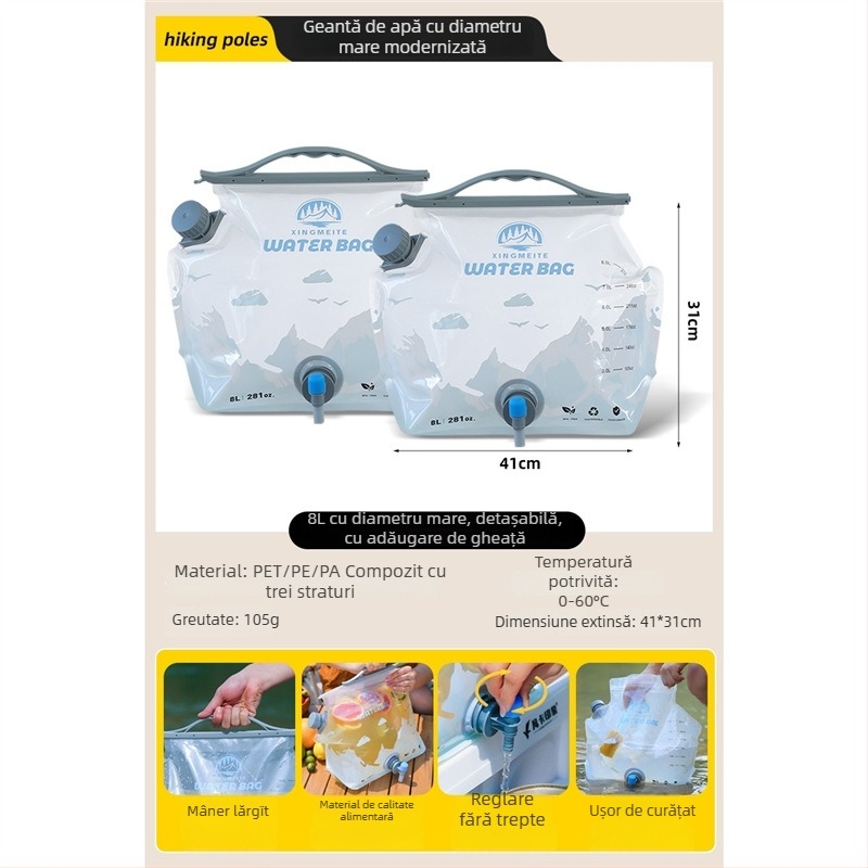 Sac de apă pentru exterior, capacitate mare, pliabil, pentru camping și drumeții
