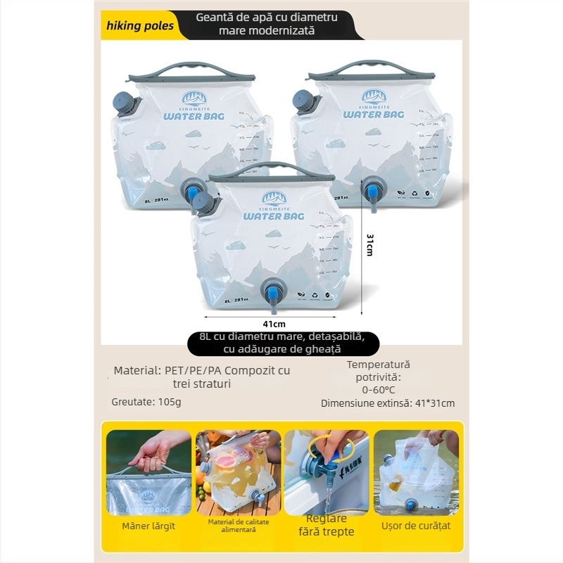 Sac de apă pentru exterior, capacitate mare, pliabil, pentru camping și drumeții