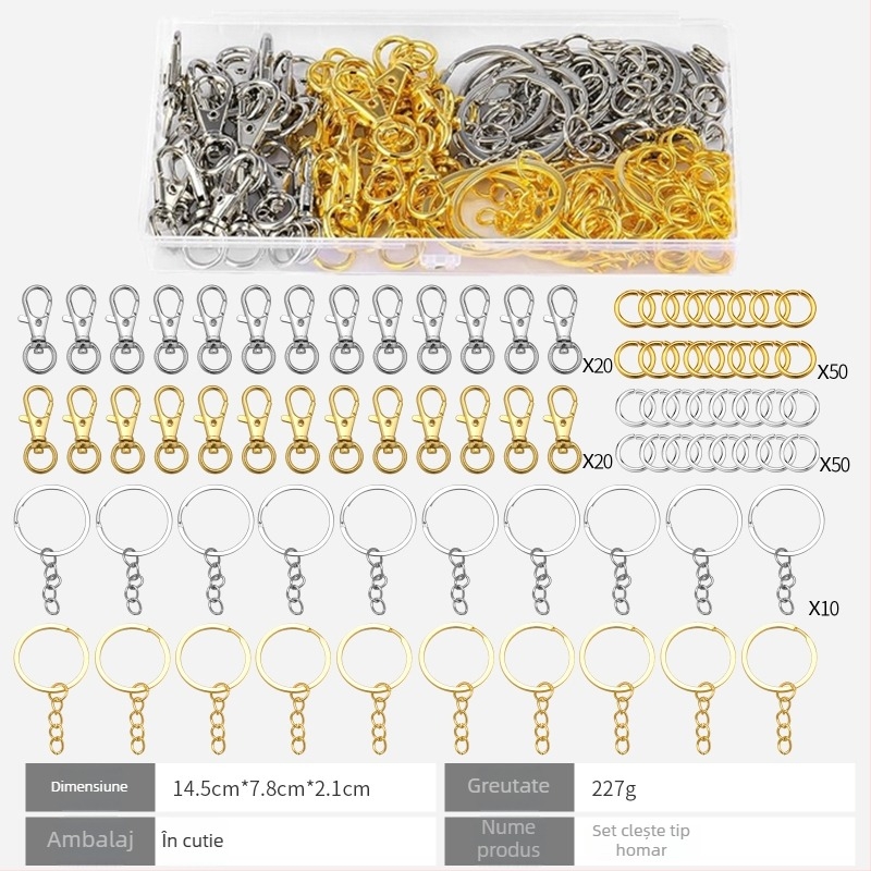 Set de 160 piese din aliaj pentru accesorii de chei: inele plate, inele deschise și carlige tip homar