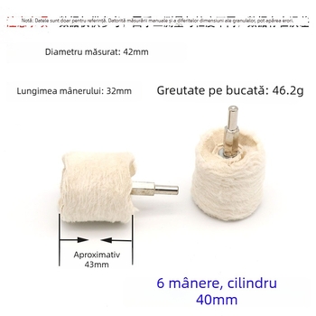 Mâner în formă de T, disc de polizare din material alb, cu suprafață metalică oglinditoare; disc de lustruire cu ceară și țesătură din bumbac velur; ax de 6 mm.