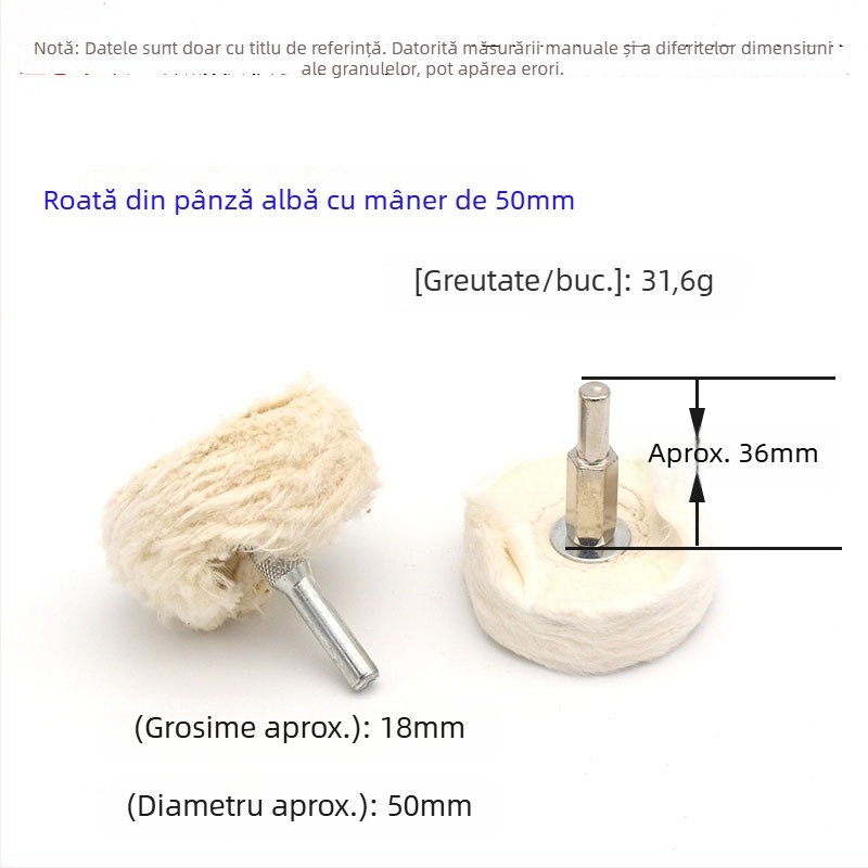 Mâner în formă de T, disc de polizare din material alb, cu suprafață metalică oglinditoare; disc de lustruire cu ceară și țesătură din bumbac velur; ax de 6 mm.